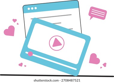 Conceito de engajamento de conteúdo digital mostrando a página da Web da plataforma de streaming de vídeo online e comunicação com corações e balão de fala.