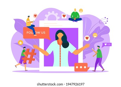 Digital content at huge screen, vector illustration. Online social media in flat internet, people use network technology. Video communication