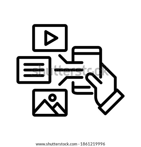 Digital content icon. Multimedia, photo, text and video content on mobile screen. Line vector. Isolate on white background.