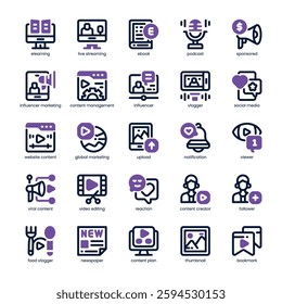 Digital Content Icon pack for your website, mobile, presentation, and logo design. Digital Content Icon dual tone design. Vector graphics illustration and editable stroke.
