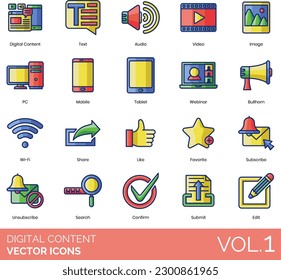 Digital Content Icons Including Advertisement, Article, Audio, Blog, Bookmark, Bullhorn, Case Study, Cloud, Confirm, Content Marketing, Content Strategy, Conversion, Customer Feedback, Digital, Search