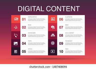 digital content Infographic 10 option template. vector image, media, video, social content simple icons