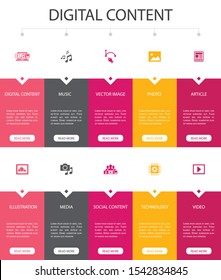 digital content Infographic 10 option UI design.vector image, media, video, social content simple icons