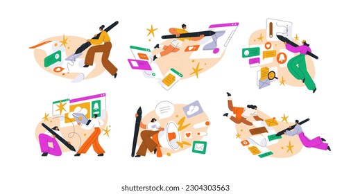 Contenido digital, marketing en internet, negocios en línea, comunicación, conjunto de conceptos. Creando diseños, gráficos para campañas publicitarias creativas. Ilustraciones vectoriales planas aisladas en fondo blanco.