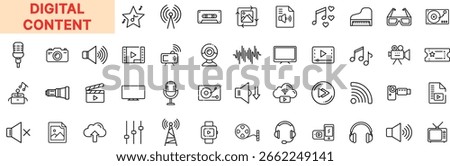 Digital Content Line Icon Set Featuring Microphone, Music Note, Video Player, Sound Wave, Headphone, Webcam, Cloud Upload, Camera, DJ Console, Equalizer, Live Streaming, and Audio File Icon Design