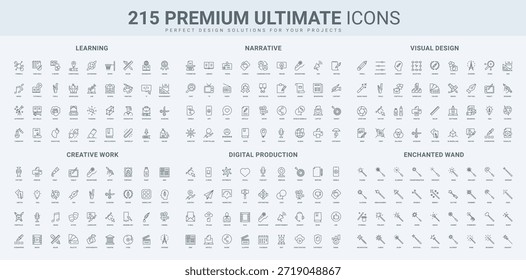 Digital content, magicians wand for miracle, creative design, tools of designer line icon set. Content like and dislike in social media, education thin black outline symbols vector illustration