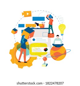 Digital Content Management, Creating Engaging Online Content, Online News Flat Vector Illustration Design For Mobile And Web Graphics. Website Optimization, Web Content Development Concept