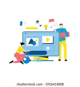 Digital Content Management, Creating Engaging Online Content, Online News Flat Vector Illustration Design For Mobile And Web Graphics. Website Optimization, Web Content Development Concept