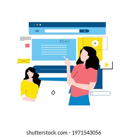 Digital content management, creating engaging online content, online news flat vector illustration design for mobile and web graphics. Website optimization, web content development concept