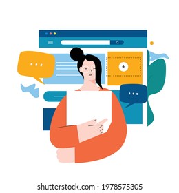 Digital content management, creating engaging online content, online news flat vector illustration design for mobile and web graphics. Website optimization, web content development concept