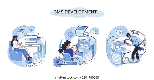 Digital content management system, CMS development software metaphor. Information system or computer program enable organize collaborative process of creating, editing and managing soft in network