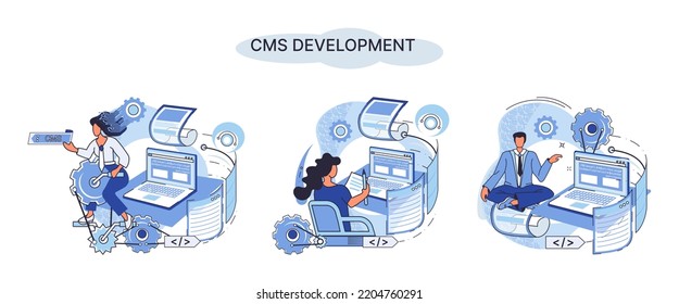 Digital content management system, CMS development software metaphor. Information system or computer program enable organize collaborative process of creating, editing and managing soft in network