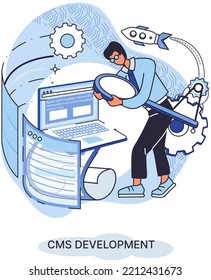 Digital content management system, CMS development software metaphor. Information system or computer program enable organize collaborative process of creating, editing and managing soft in network