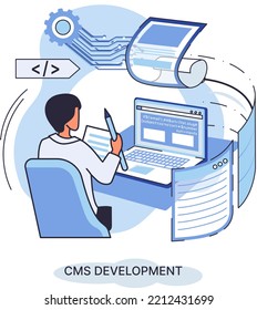 Digital content management system, CMS development software metaphor. Information system or computer program enable organize collaborative process of creating, editing and managing soft in network
