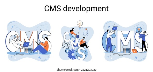 Digital content management system, CMS development software metaphor. Information system or computer program enable organize collaborative process of creating, editing and managing soft in network