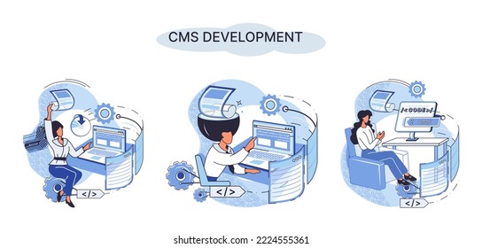 Digital content management system, CMS development software metaphor. Information system or computer program enable organize collaborative process of creating, editing and managing soft in network