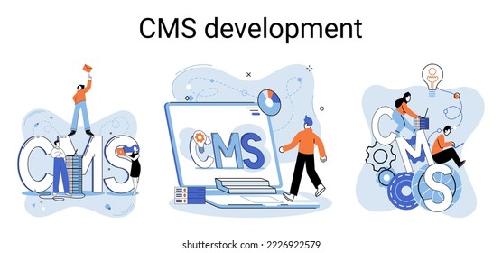 Digital content management system, CMS development software metaphor. Information system or computer program enable organize collaborative process of creating, editing and managing soft in network
