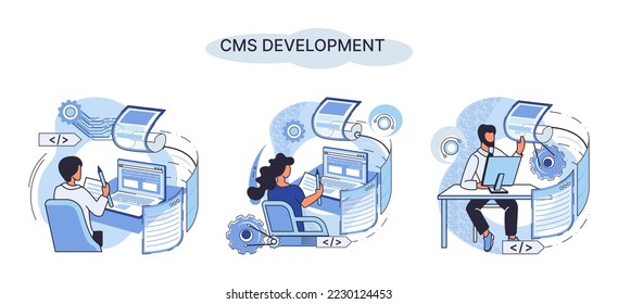 Digital content management system, CMS development software metaphor. Information system or computer program enable organize collaborative process of creating, editing and managing soft in network