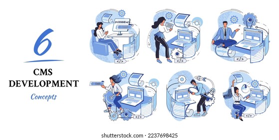 Digital content management system, CMS development software metaphor. Information system or computer program enable organize collaborative process of creating, editing and managing soft in network
