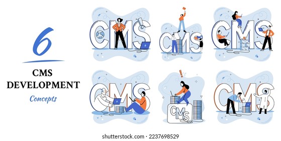 Digital content management system, CMS development software metaphor. Information system or computer program enable organize collaborative process of creating, editing and managing soft in network