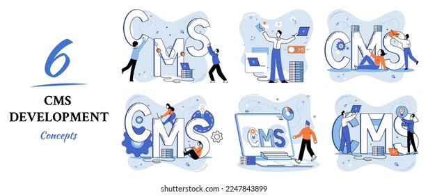 Digital content management system, CMS development software metaphor. Information system or computer program enable organize collaborative process of creating, editing and managing soft in network