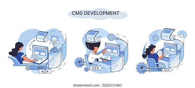 Digital content management system, CMS development software metaphor. Information system or computer program enable organize collaborative process of creating, editing and managing soft in network