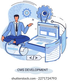Digital content management system, CMS development software metaphor. Information system or computer program enable organize collaborative process of creating, editing and managing soft in network