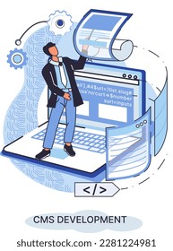 Digital content management system, CMS development software metaphor. Information system or computer program enable organize collaborative process of creating, editing and managing soft in network