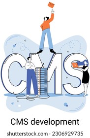 Digital content management system, CMS development software metaphor. Information system or computer program enable organize collaborative process of creating, editing and managing soft in network