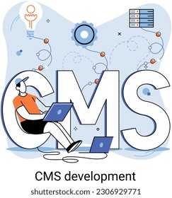 Digital content management system, CMS development software metaphor. Information system or computer program enable organize collaborative process of creating, editing and managing soft in network