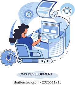 Digital content management system, CMS development software metaphor. Information system or computer program enable organize collaborative process of creating, editing and managing soft in network