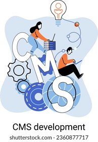 Digital content management system, CMS development software metaphor. Information system or computer program enable organize collaborative process of creating, editing and managing soft in network