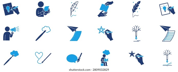 Digital Content Marketing blogging icon collections. Containing Announcement megaphone, Paper airplane, Business card, Thinking person and more icons.
