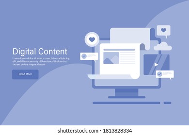 Digital content marketing, Content development, Sharing content on social media - conceptual flat design vector illustration landing page template
