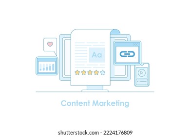 Digitales Content-Marketing, natürliche Links aus der Inhaltserstellung, Inhaltsanalyse - flache Vektorgrafik