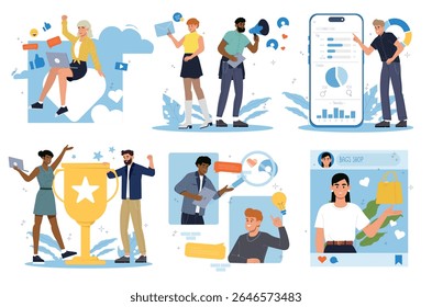 Marketing digital e de conteúdo. Conjunto de pessoas em várias atividades de marketing de mídia social online, publicidade na internet e comércio eletrônico. Coleção de ilustrações de vetor plana isolada no plano de fundo