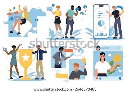 Digital and content marketing. Set of people in various activities of online social media marketing, internet advertising and e commerce. Flat vector illustration collection isolated on background