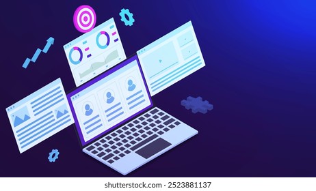 Digital content marketing strategy concept with laptop isometric. Advertising, website publishing, blogging, landing page and video promotion. Vector illustration.