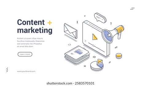 Digital content marketing tools like a megaphone, charts, documents, and messages, emphasizing the importance of communication in marketing strategies. Web banner template