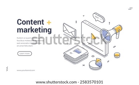 Digital content marketing tools like a megaphone, charts, documents, and messages, emphasizing the importance of communication in marketing strategies. Web banner template