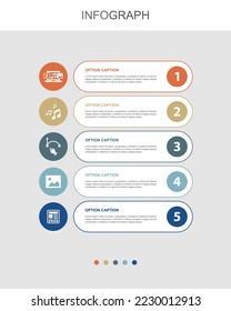digital content, music, vector image, photo, article icons Infographic design template. Creative concept with 5 steps