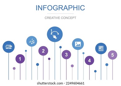 digital content, music, vector image, photo, article, icons Infographic design layout template. Creative presentation concept with 5 steps