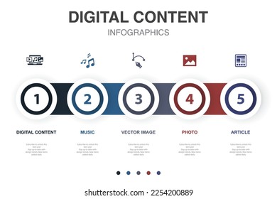 contenido digital, música, imagen vectorial, foto, artículo, iconos Plantilla de diseño de diseño infográfico. Concepto de presentación creativa con 5 pasos