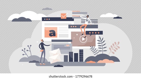 Digital content with online data and social media streaming flat tiny persons concept. Abstract modern news feed and website communication vector illustration. Open windows with pop ups and textbox.