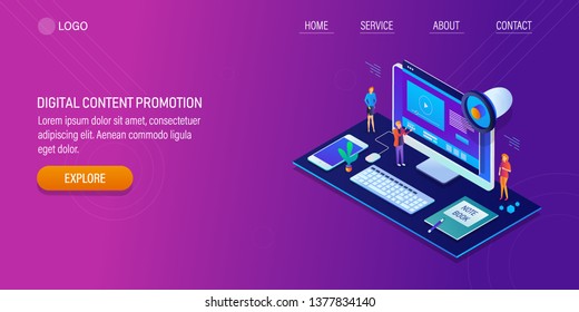 Digital content promotion, Advertising content, Content marketing strategy, 3D, isometric vector banner with icons