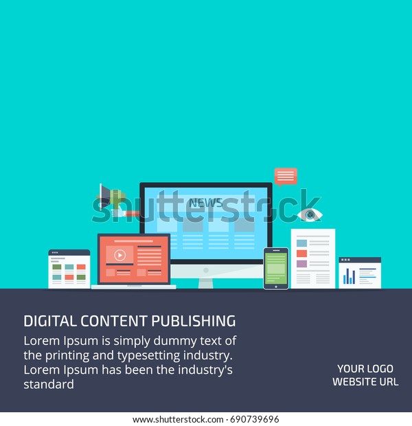 Digital content publishing, content marketing, and\
syndication, guest blogging flat vector banner illustration with\
icons