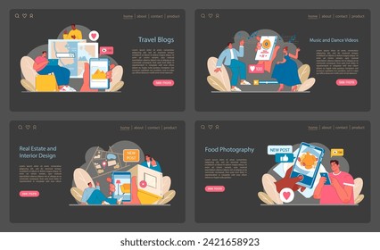 Digital Content set. Exploring travel stories, music online, property spaces, and culinary shots. A world of narratives, beats, design, and flavors in social media. Flat vector illustration.