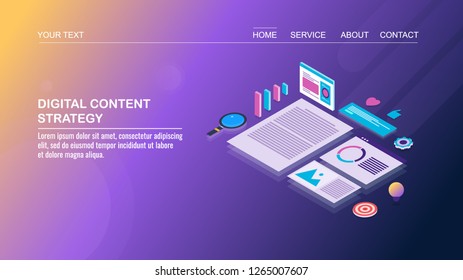 Digital content strategy, content analysis, SEO marketing flat 3D isometric banner with icons and texts