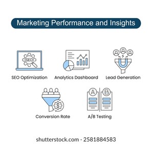 Digital Content Strategy Vector Icons. Includes: Content Creation, Social Media Engagement, SEO Optimization, Email Marketing, Analytics Dashboard