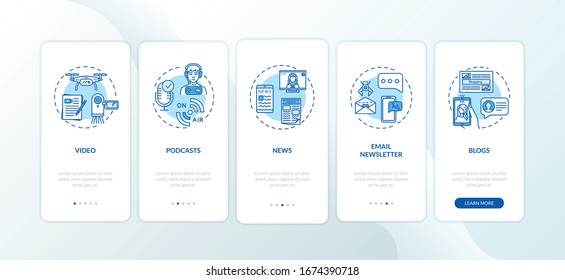 Digital content types onboarding mobile app page screen with concepts. Creating podcasts and blogging walkthrough 5 steps graphic instructions. UI vector template with RGB color illustrations
